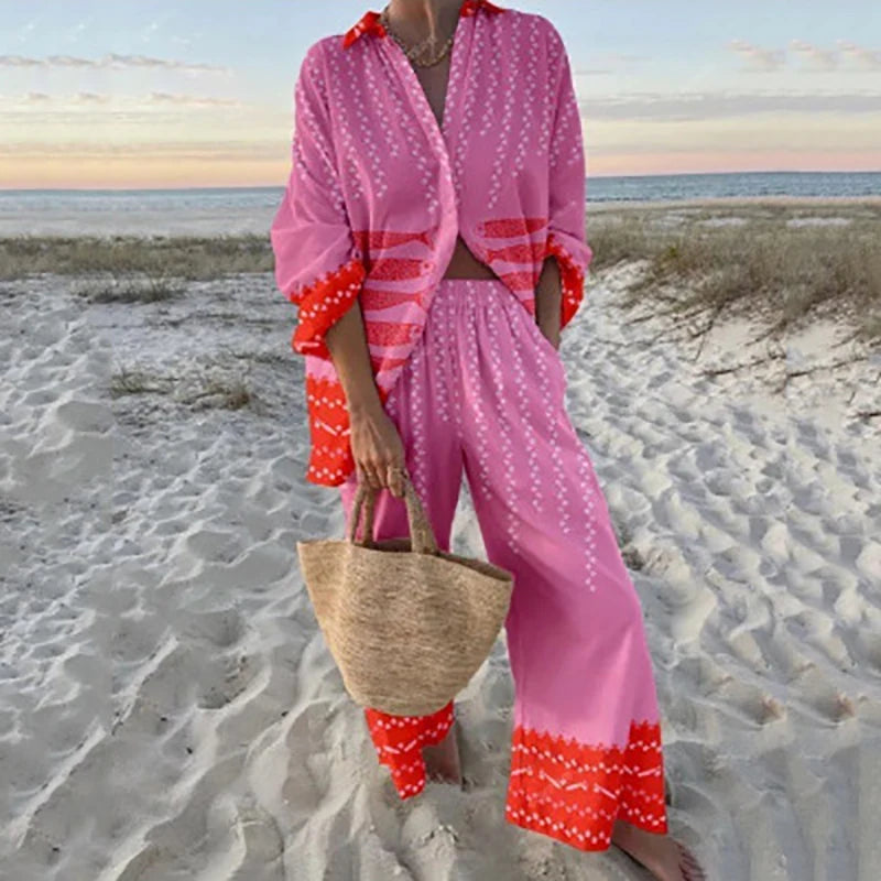 Fashion Vacation Style Print Suits for Women Fashion Versatile Lapel Long Sleeve Shirt Top and Loose Straight Pants 2 Piece Set