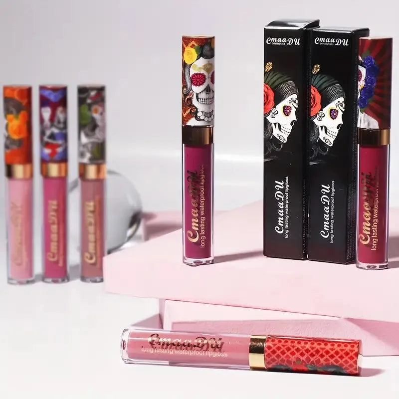 1pcs Matte Lip Gloss - Long-Lasting, Waterproof, Non-Fading, for All Skin Types - Vibrant Red Shades with Floral & Skull Designs