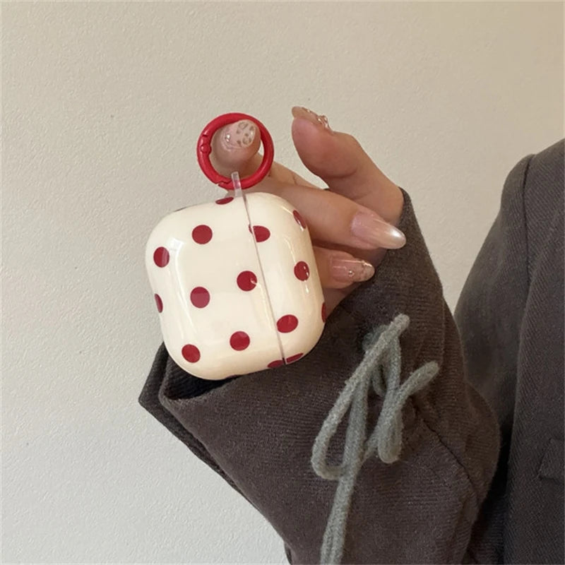INS Korean Cute Red Polka Dot Glossy Beige Earphone Case Cover for AirPods 1 2 3 4 Pro 2 Pro 3 Shockproof Protective Case