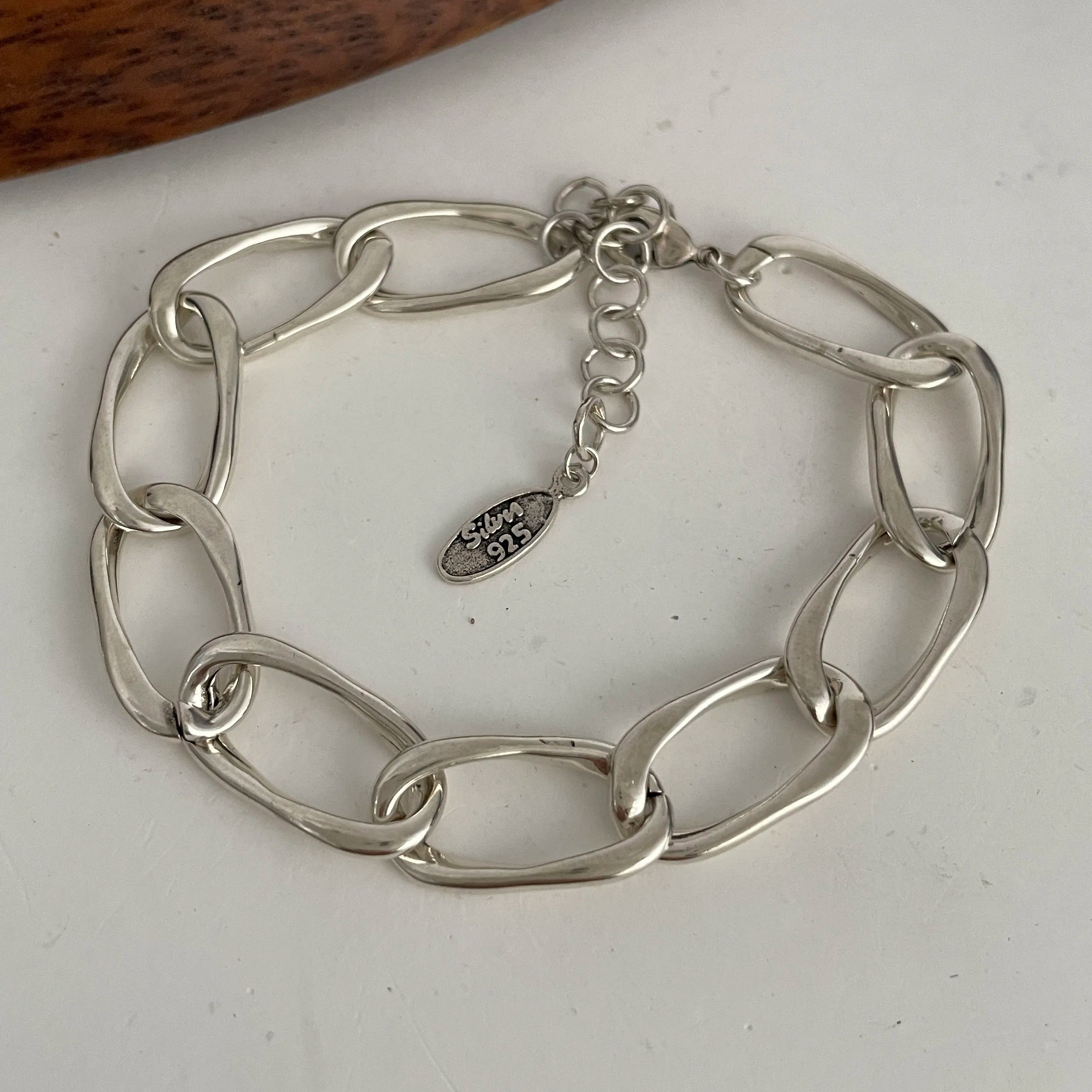 100% Solid 925 Sterling Silver Metal Bracelet for Women Vintage Handmade Simple Retro Heart Chain Bracelet Birthday Gift Party