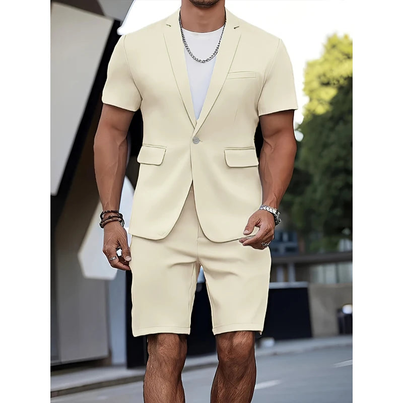Men's Suit Summer Casual Suit 2 Piece Short Sleeve Suit Blazer 5 Inch Dress Shorts for Outdoor Beach Weddings Casual Occasions