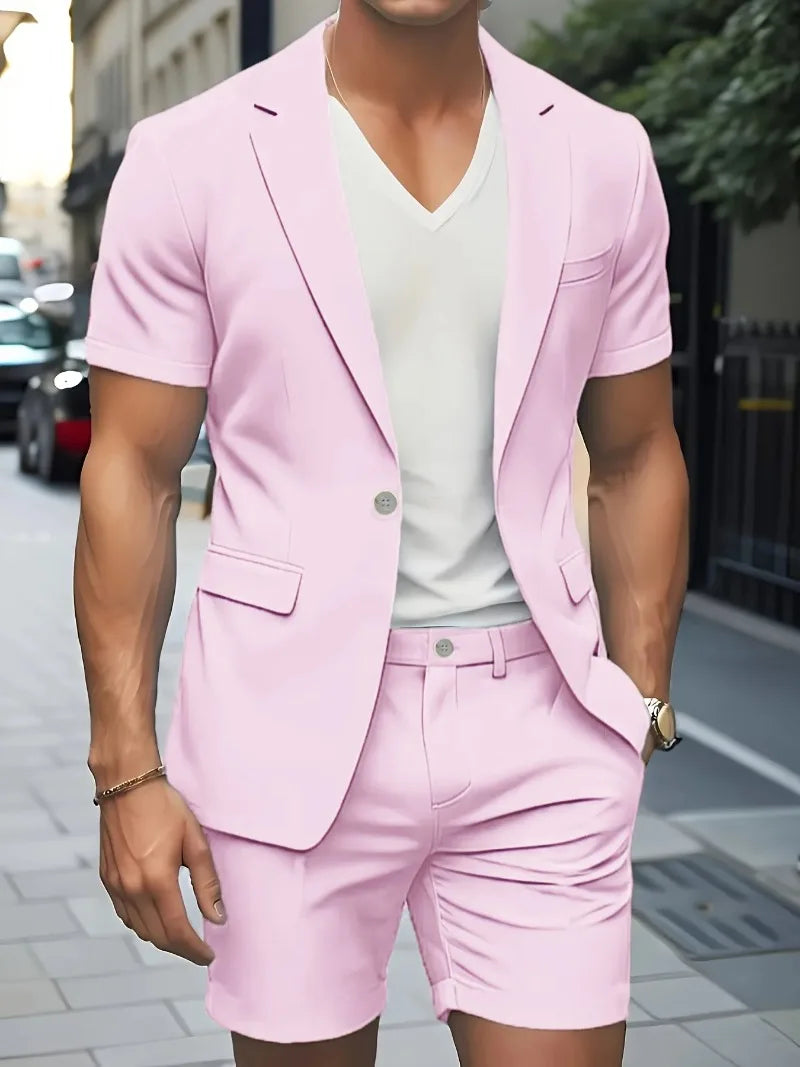 Men's Suit Summer Casual Suit 2 Piece Short Sleeve Suit Blazer 5 Inch Dress Shorts for Outdoor Beach Weddings Casual Occasions
