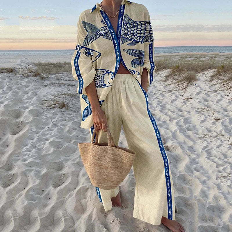 Fashion Vacation Style Print Suits for Women Fashion Versatile Lapel Long Sleeve Shirt Top and Loose Straight Pants 2 Piece Set