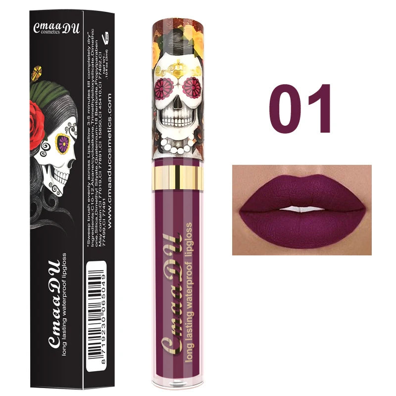 1pcs Matte Lip Gloss - Long-Lasting, Waterproof, Non-Fading, for All Skin Types - Vibrant Red Shades with Floral & Skull Designs