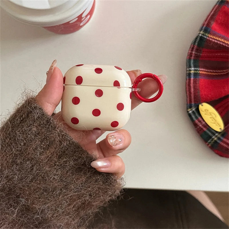 INS Korean Cute Red Polka Dot Glossy Beige Earphone Case Cover for AirPods 1 2 3 4 Pro 2 Pro 3 Shockproof Protective Case