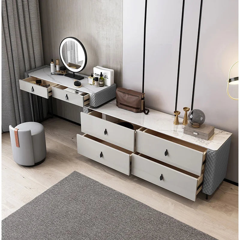 Modern minimalist bedroom slate dressing table storage cabinet integrated LED mirror makeup table stool combination