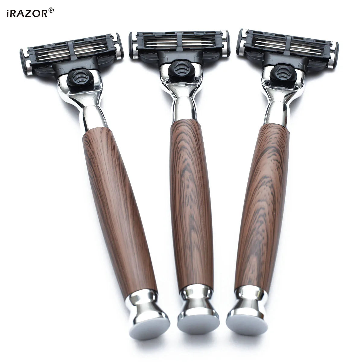 iRAZOR Classic 3-Layer Triple Blade Shaving Razor with Aluminium Wood Grain Handle Beard Grooming Tool for Men Birthday Gift