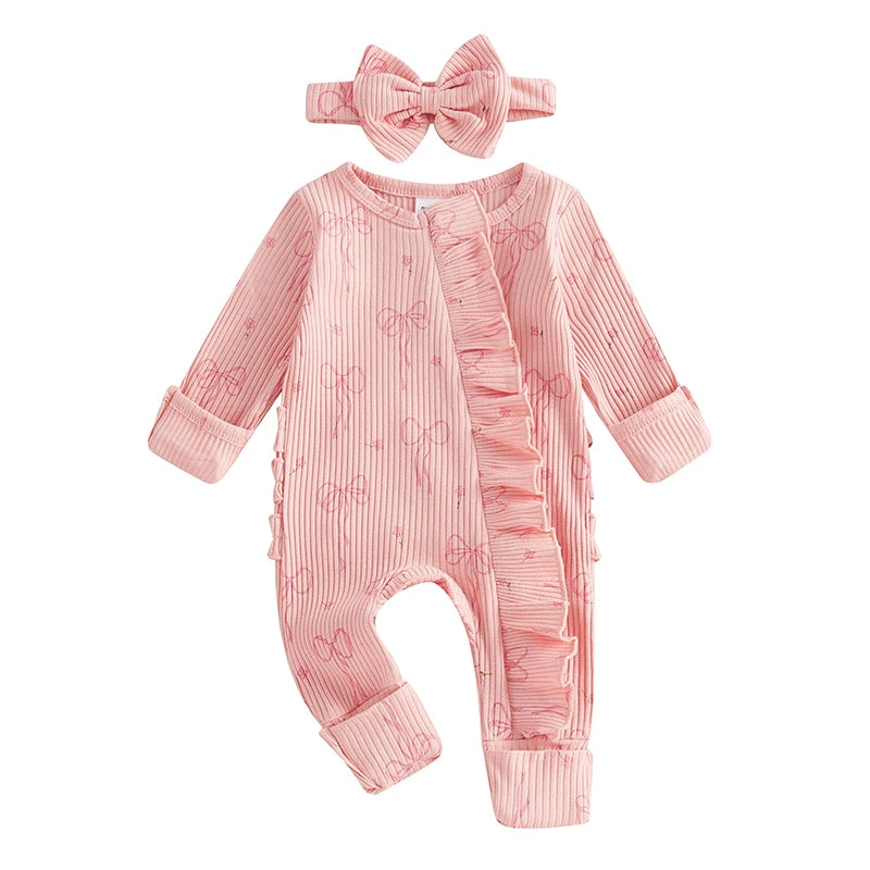 Infant Baby Girl Outfit Bow Print Long Sleeve Ruffled Zipper Front Ribbed Jumpsuit Bow Headband Newborn Clothes