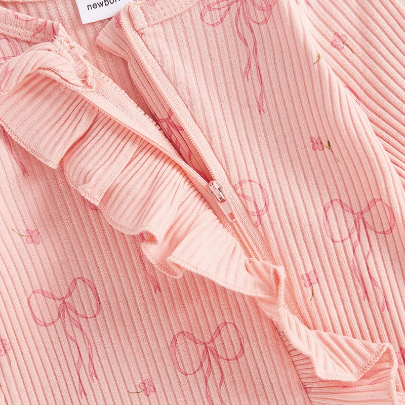 Infant Baby Girl Outfit Bow Print Long Sleeve Ruffled Zipper Front Ribbed Jumpsuit Bow Headband Newborn Clothes