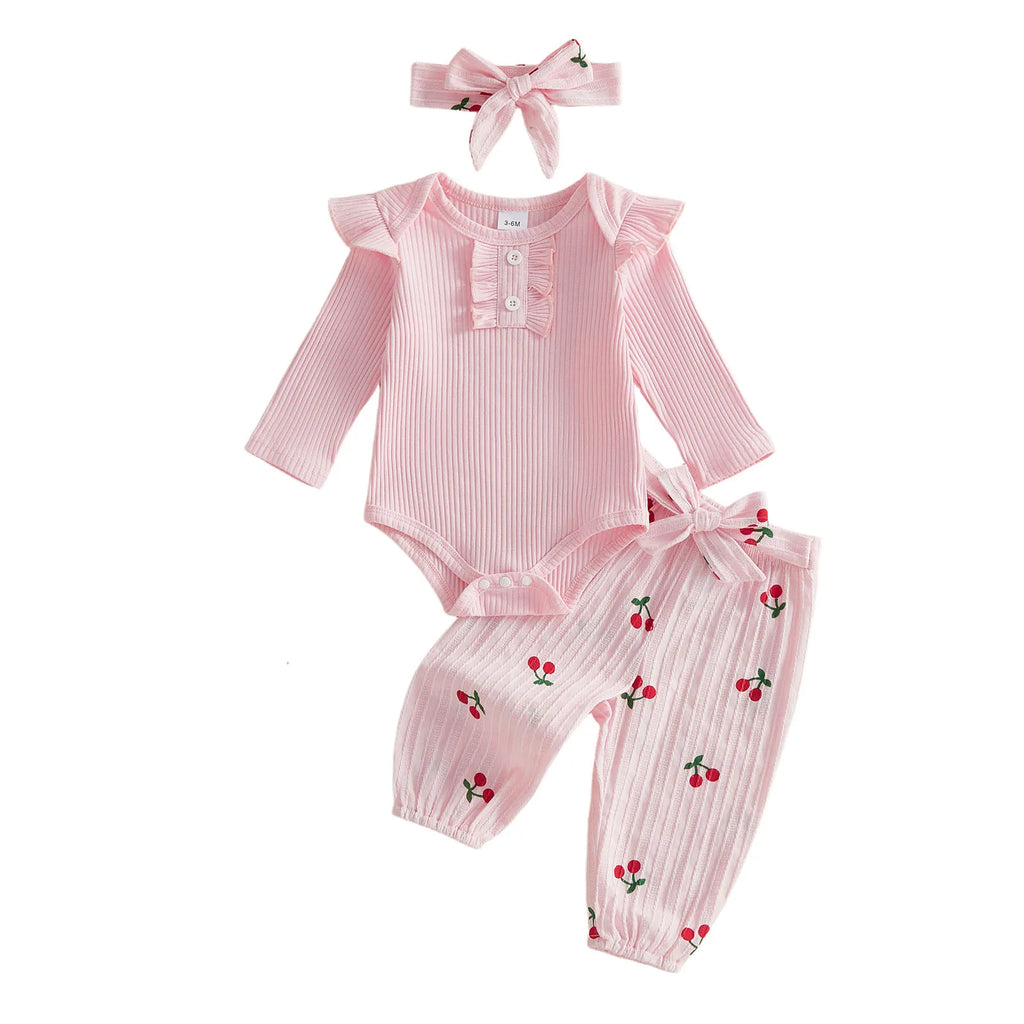 Baby Girls Fall Outfit, Long Sleeve Romper with Cherry Print Pants and Headband Clothing Set