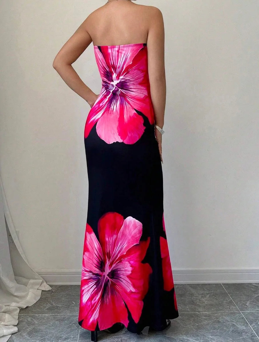 Fashion Milk Silk Fabric Floral Print Sexy Long Dresses Elegant Backless Bodycon High Waist Midi Dress 2025 Summer Vacation Boho