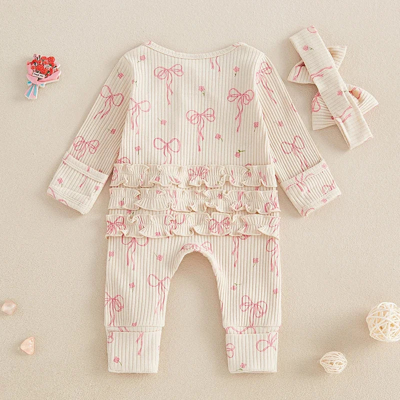 Infant Baby Girl Outfit Bow Print Long Sleeve Ruffled Zipper Front Ribbed Jumpsuit Bow Headband Newborn Clothes