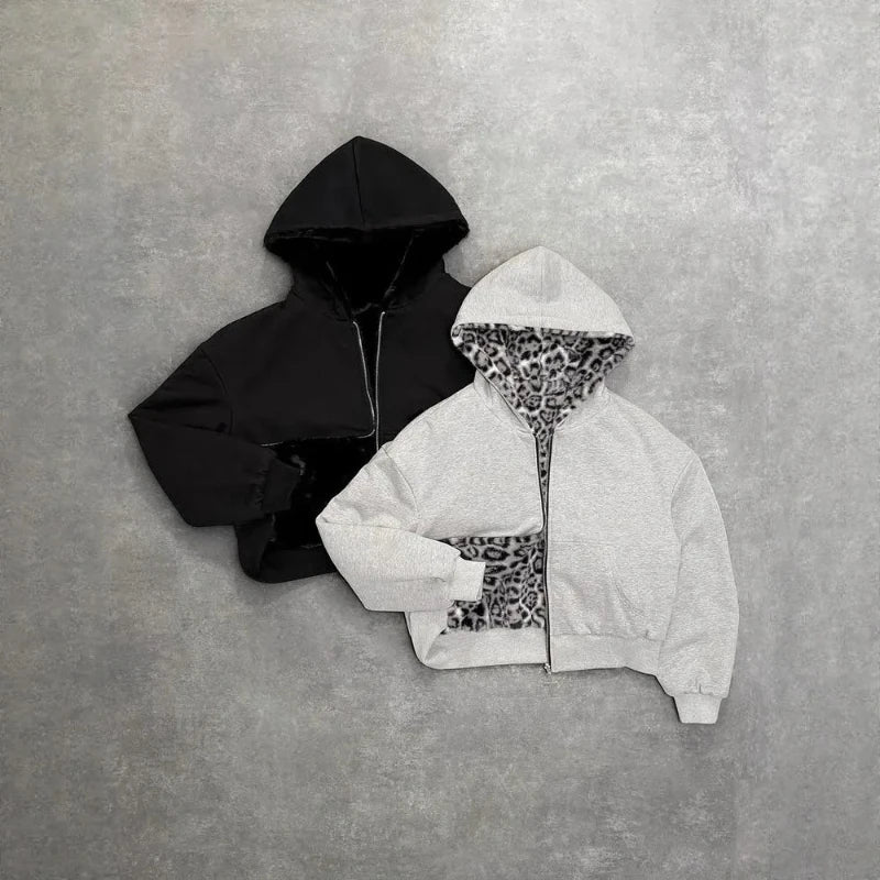 2025 New Autumn/Winter Hoodie with Retro Leopard Pattern Zipper Hoodie Top on Both Sides