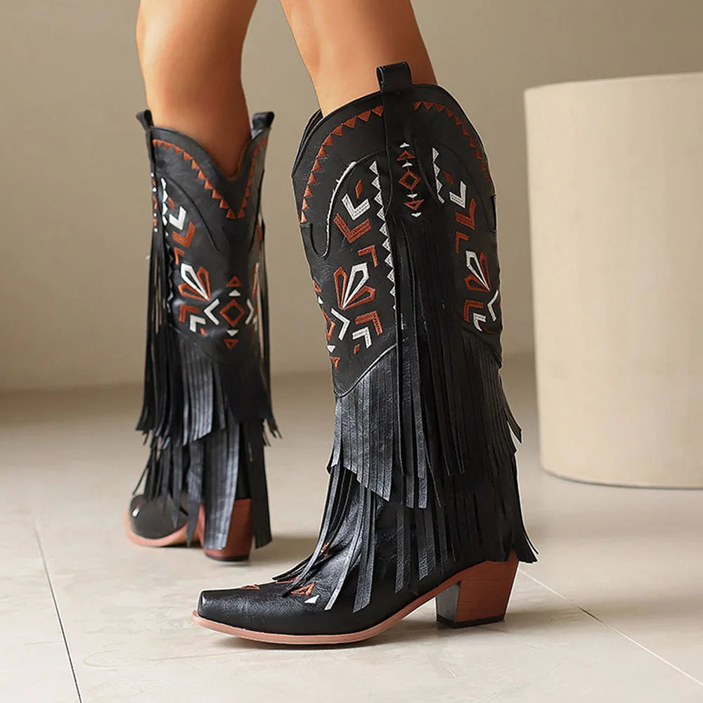 GIGIFOX Retro Tassel Embroidered Cowgirl Mid-Calf Women Western Boots Pointed Toe Chunky High Heel Cowboy Cool All-Match Shoes