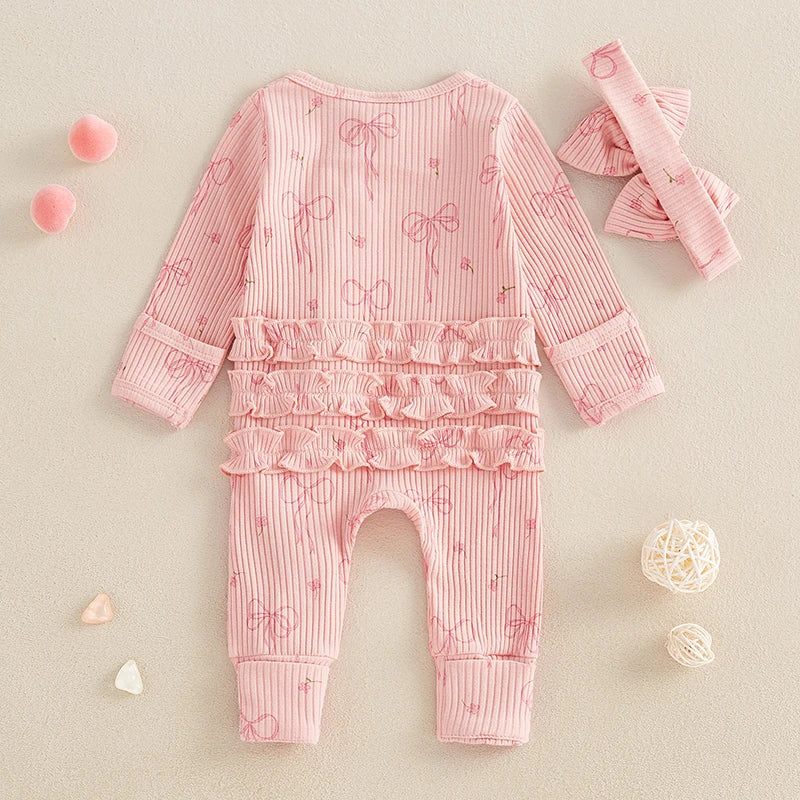 Infant Baby Girl Outfit Bow Print Long Sleeve Ruffled Zipper Front Ribbed Jumpsuit Bow Headband Newborn Clothes