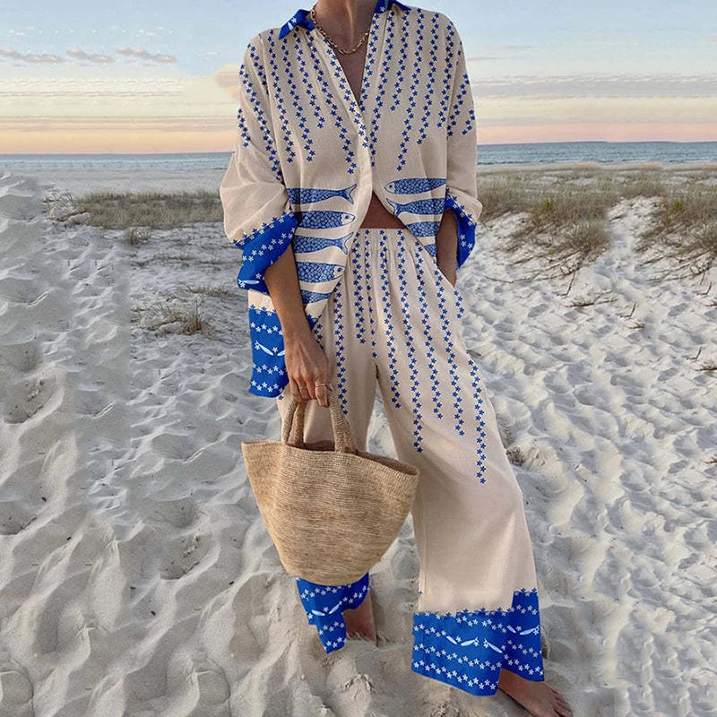 Fashion Vacation Style Print Suits for Women Fashion Versatile Lapel Long Sleeve Shirt Top and Loose Straight Pants 2 Piece Set