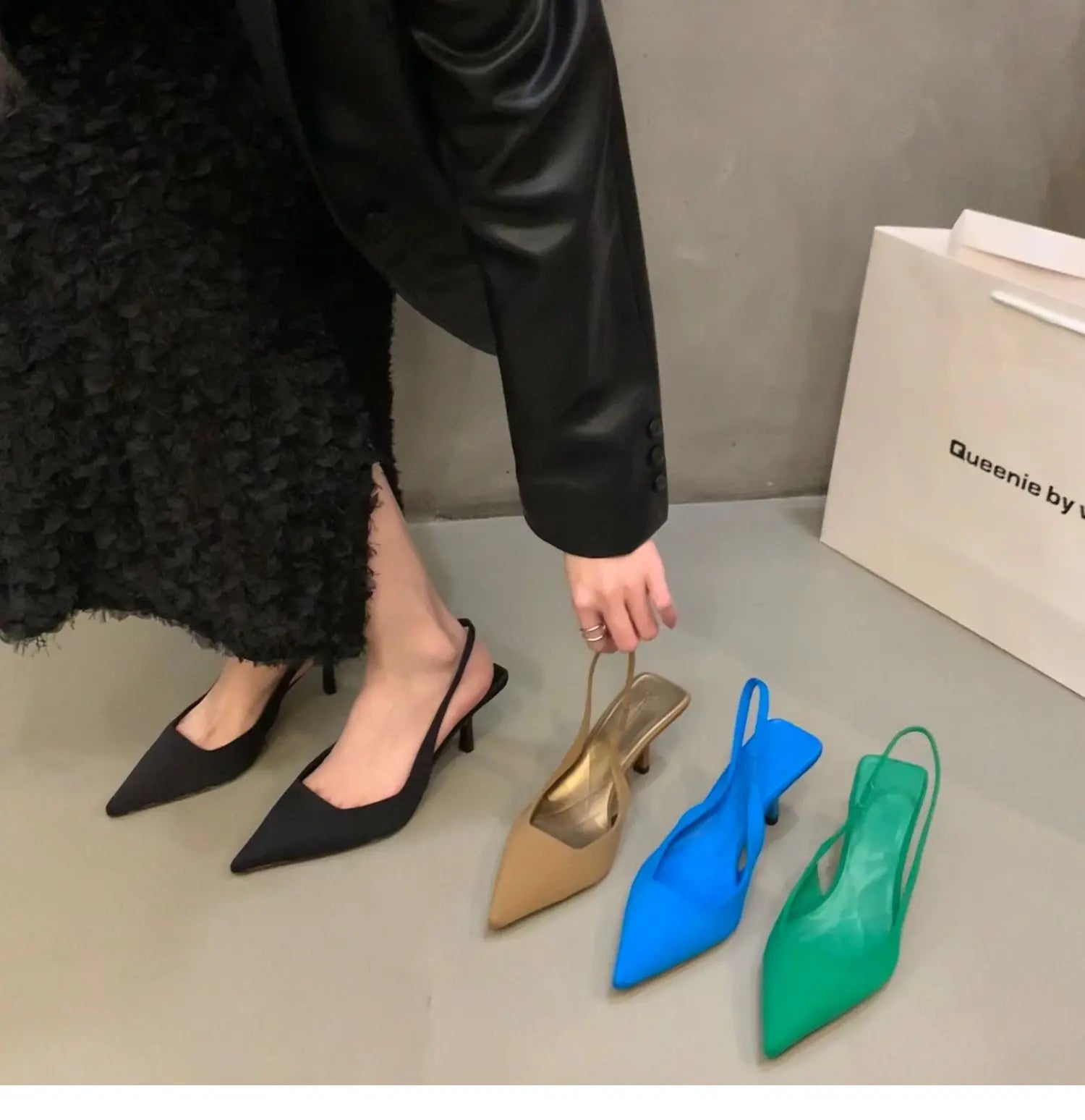 Women Summer Shoes 2024 New Fashion Pointed Toe Stiletto Medium Heel High Heels Women Back Empty Toe Sandals Green Women's Shoes