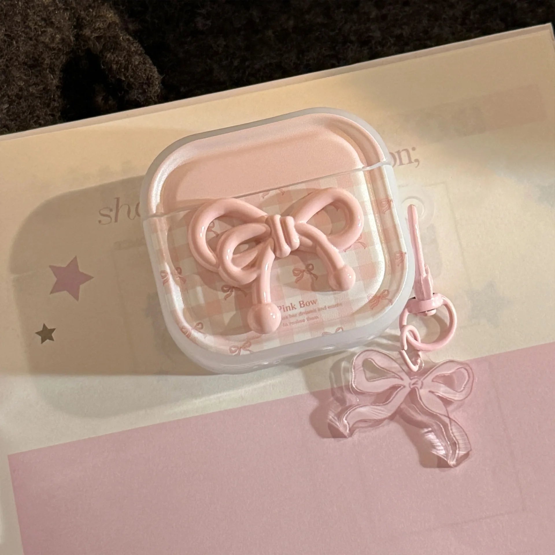 Korean Cute 3D Pink Bowknot Earphone Case for Airpods 4 2 3 1 Pro 3 2 Wireless Bluetooth Headset Protective Cover With  KeyChain