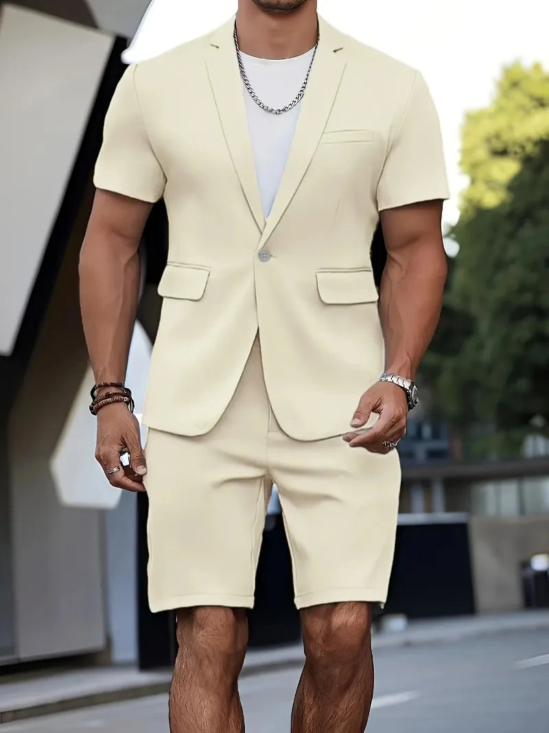 Men's Suit Summer Casual Suit 2 Piece Short Sleeve Suit Blazer 5 Inch Dress Shorts for Outdoor Beach Weddings Casual Occasions