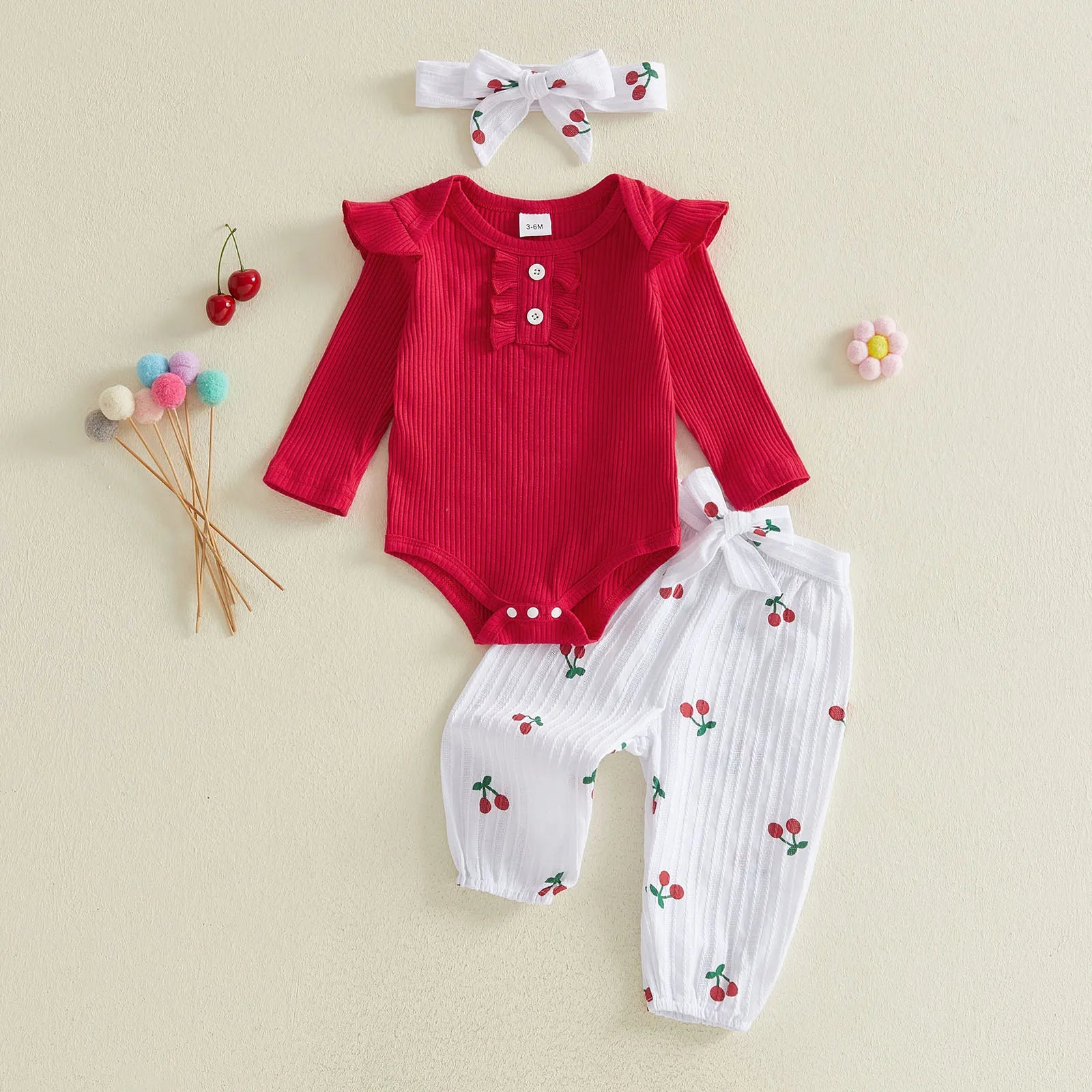 Baby Girls Fall Outfit, Long Sleeve Romper with Cherry Print Pants and Headband Clothing Set