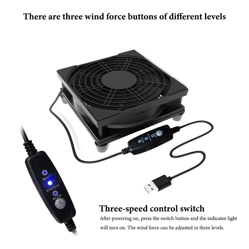 CX FUTRUE The 5V USB-powered fan supports three-speed adjustment and is suitable for cooling electronic devices such as routers.
