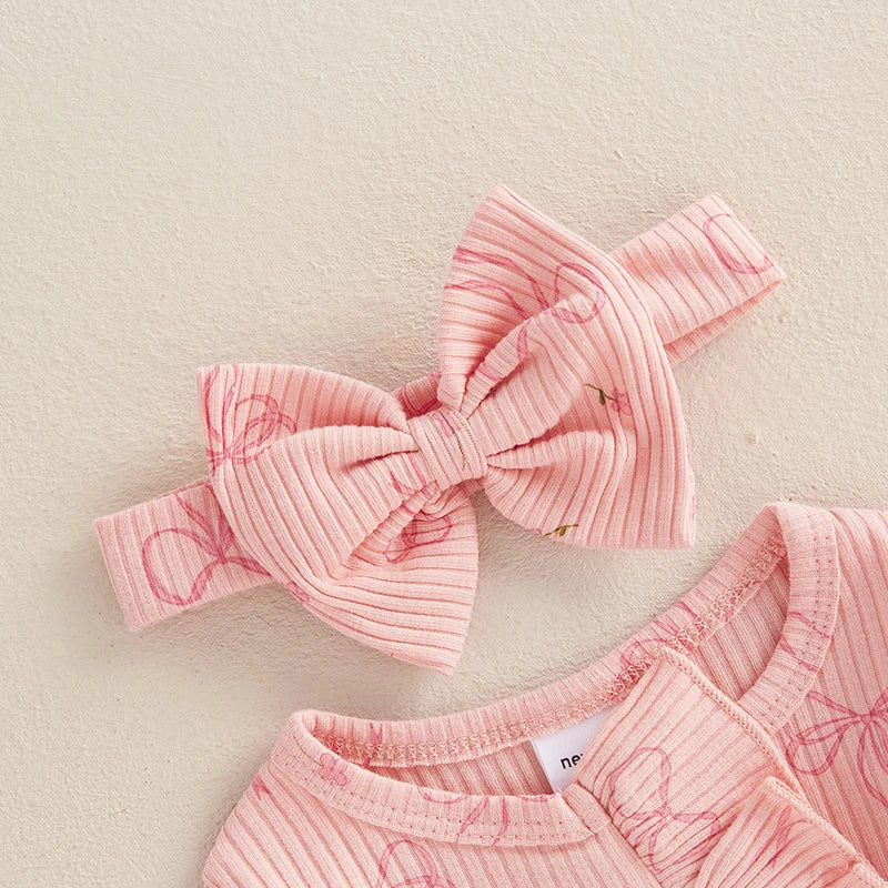 Infant Baby Girl Outfit Bow Print Long Sleeve Ruffled Zipper Front Ribbed Jumpsuit Bow Headband Newborn Clothes