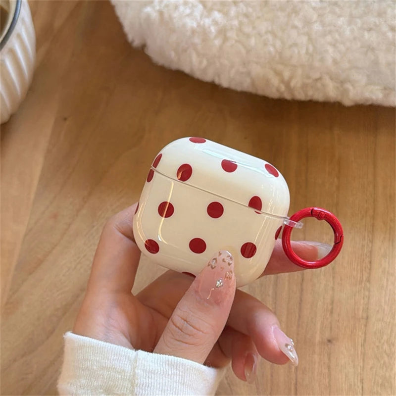 INS Korean Cute Red Polka Dot Glossy Beige Earphone Case Cover for AirPods 1 2 3 4 Pro 2 Pro 3 Shockproof Protective Case