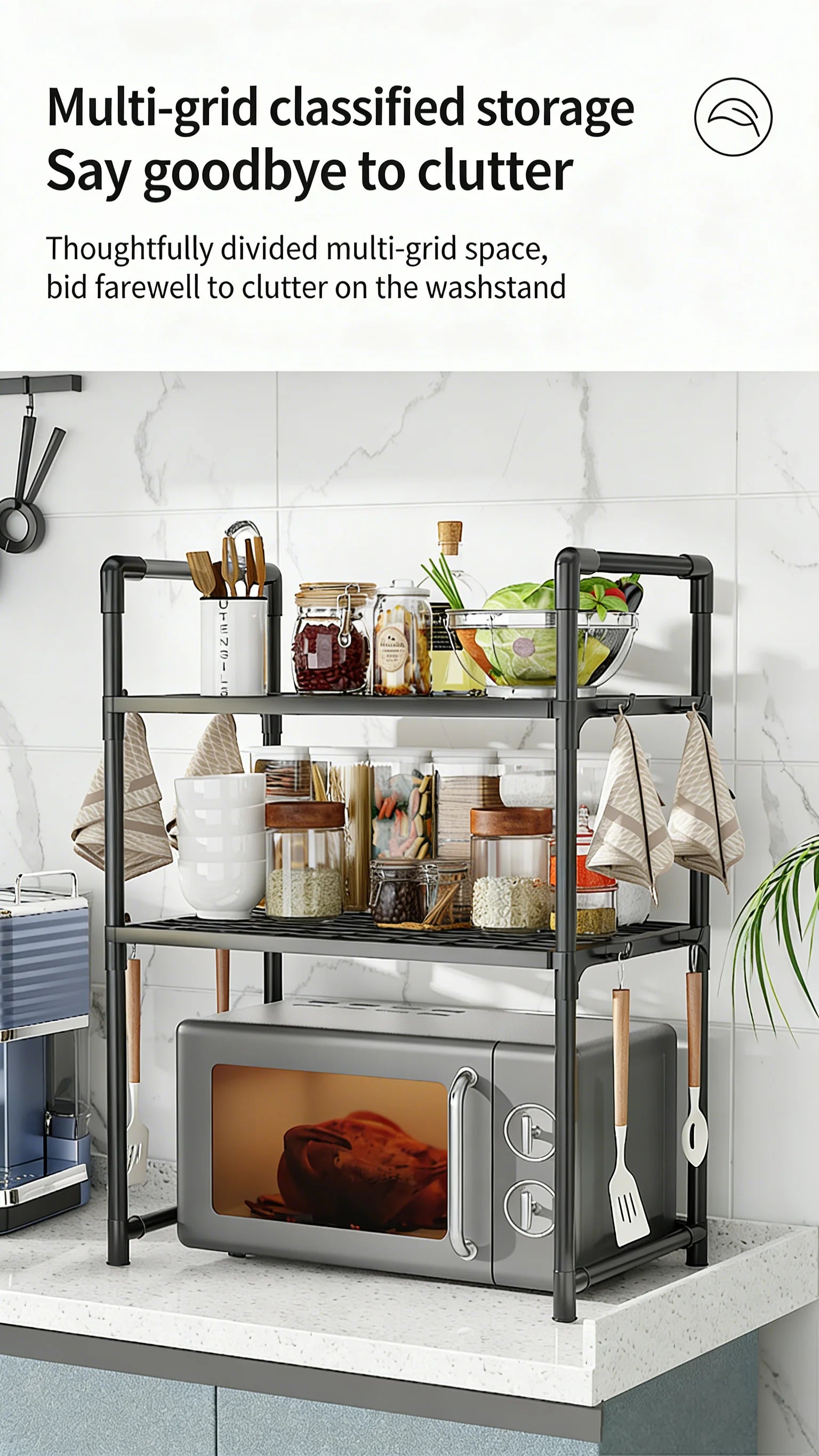 Kitchen Storage Rack Kitchen counter shelf Microwave Shelf Condiment Organizer Shelf Simple Countertop Tidying Shelves with Hook