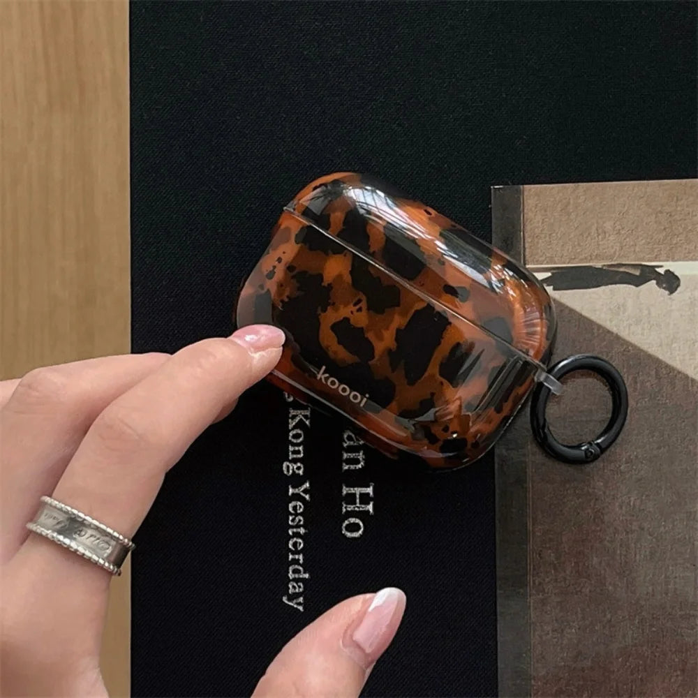 Tortoiseshell Case for AirPods 1/2/3/4/Pro/Pro 2, Shockproof Glossy Cover, Wireless Charging Compatible, Stylish Amber Design