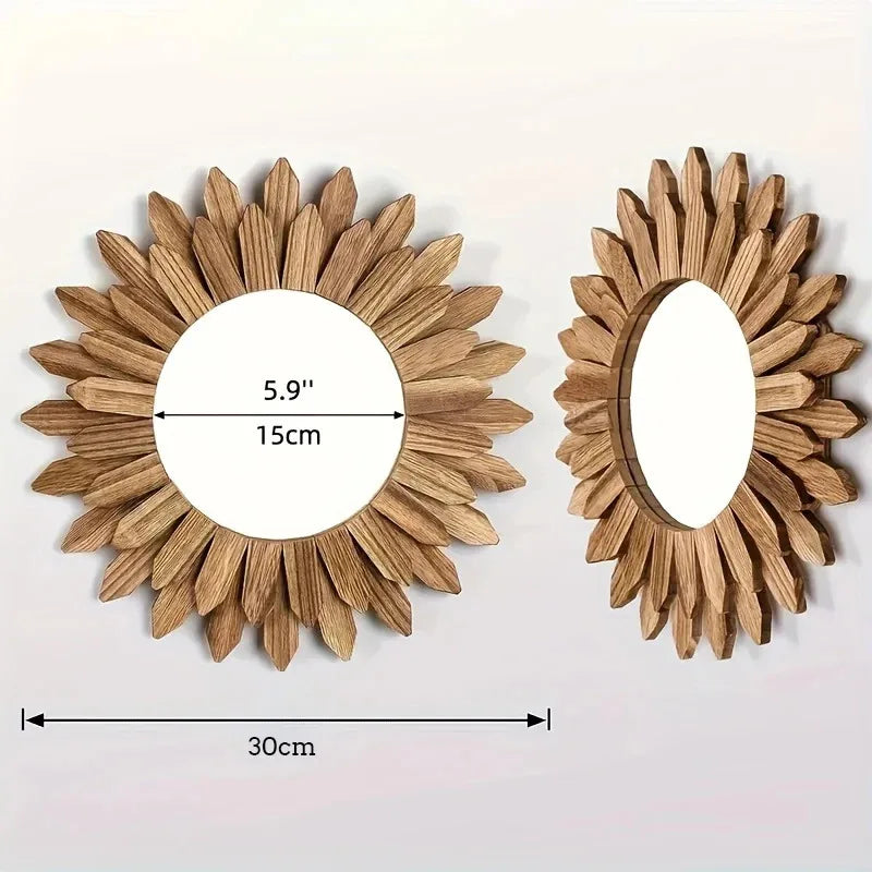 Bohemian Atmosphere Decorative Mirror - Sunflower Wooden Wall-Mounted, Round Makeup Mirror for Bedroom & Bathroom