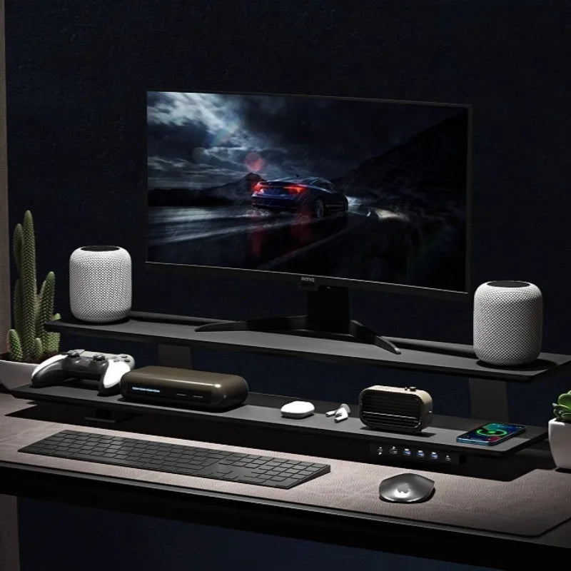 Solid Wood Gaming Desk Top with Monitor Riser Stand Charging Shelf & USB Hub Hidden Storage USB Dock for PC Gaming Setup