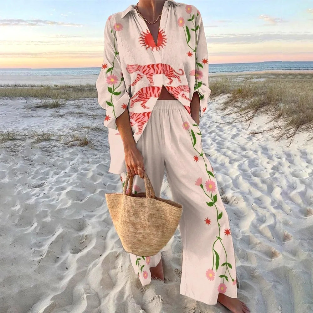 Fashion Vacation Style Print Suits for Women Fashion Versatile Lapel Long Sleeve Shirt Top and Loose Straight Pants 2 Piece Set