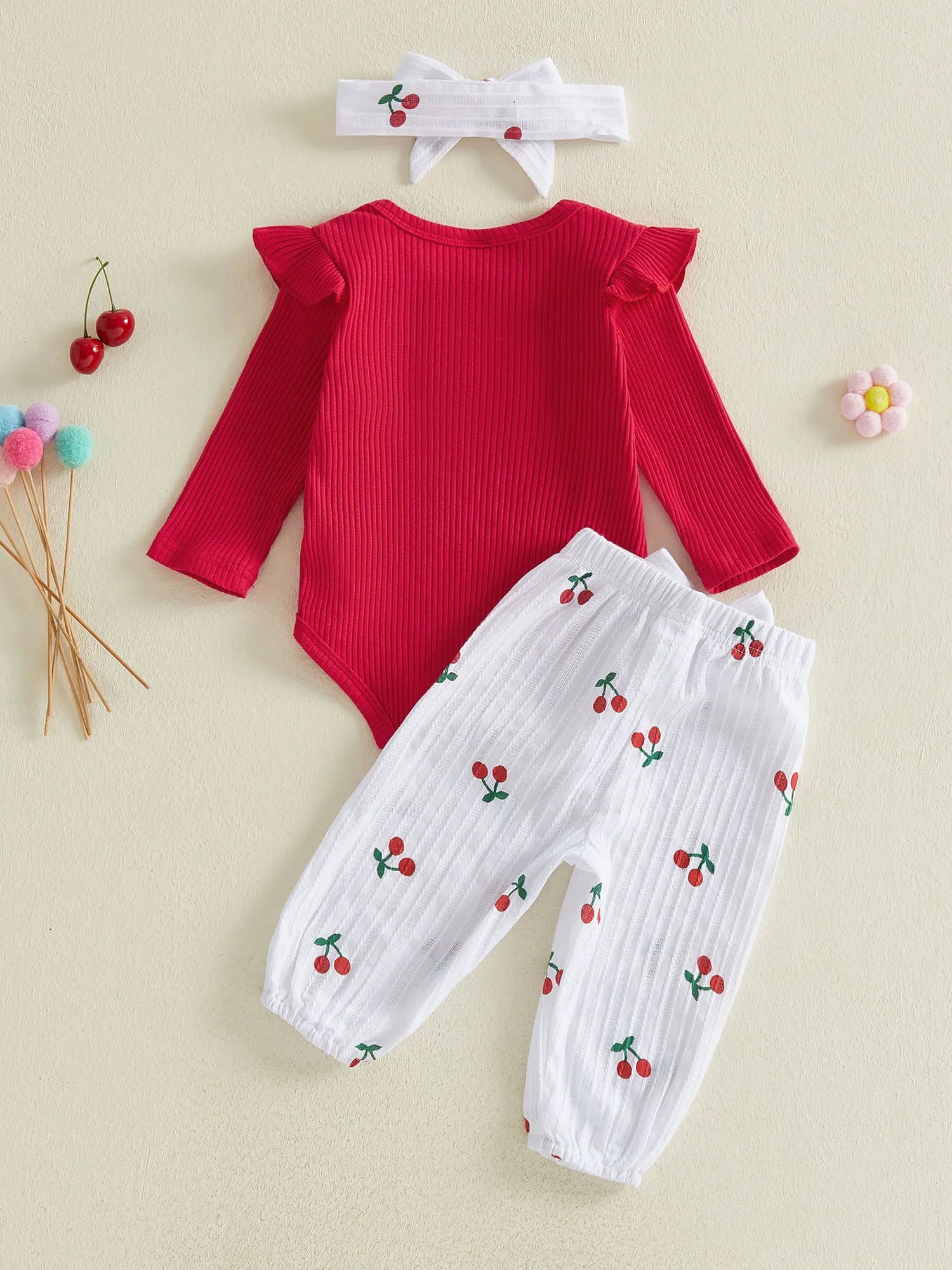 Baby Girls Fall Outfit, Long Sleeve Romper with Cherry Print Pants and Headband Clothing Set