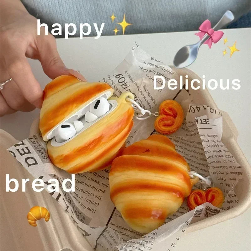3D Croissant Case for AirPods 4 2024 Airpod 1 2 3 Pro Pro2 Bluetooth Earbuds Charging Box Protective Earphone Case Cover Funda