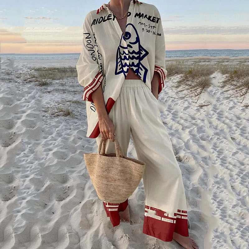 Fashion Vacation Style Print Suits for Women Fashion Versatile Lapel Long Sleeve Shirt Top and Loose Straight Pants 2 Piece Set