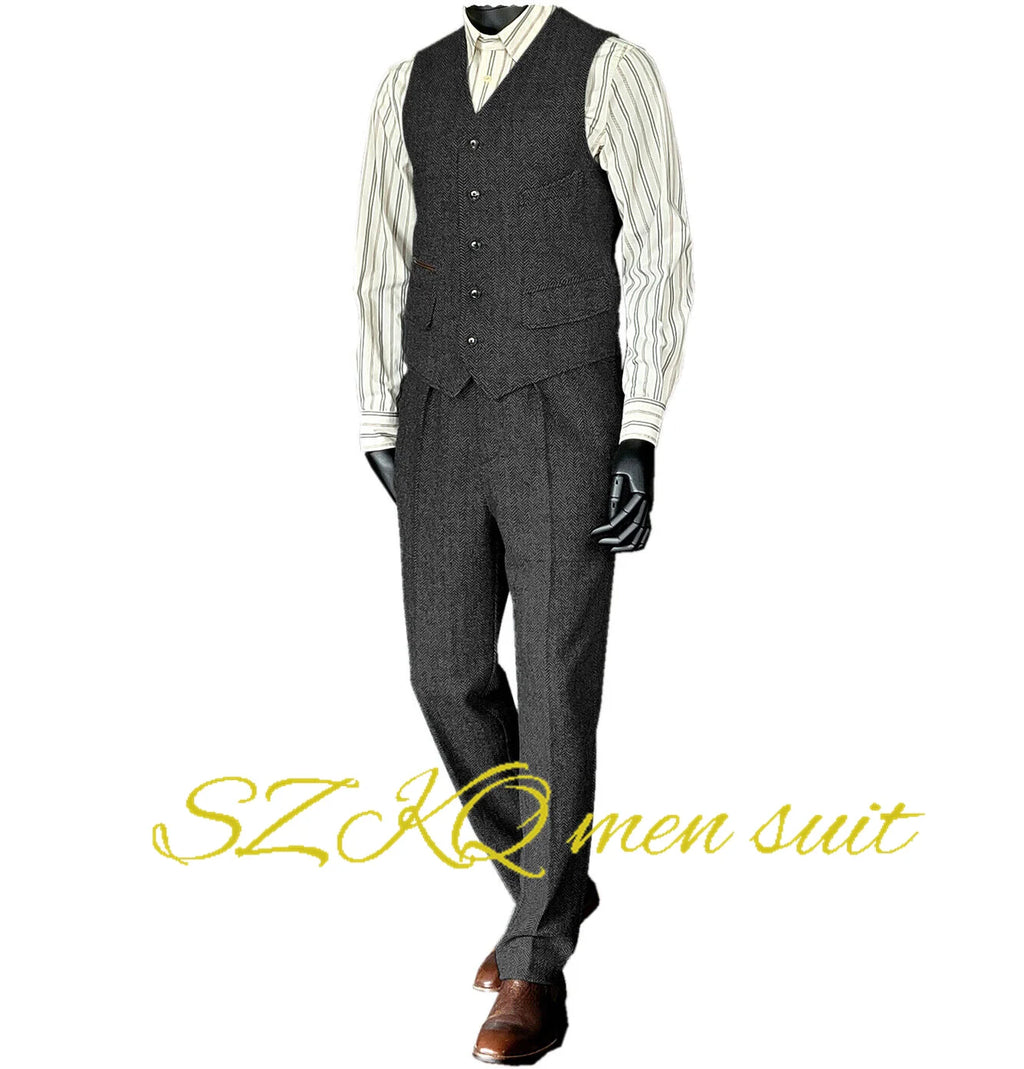 Mens Suit 2 Piece Waistcoat Vest Pants Herringbone Retro Vintage Trousers For Wedding Retro Wool Outfit