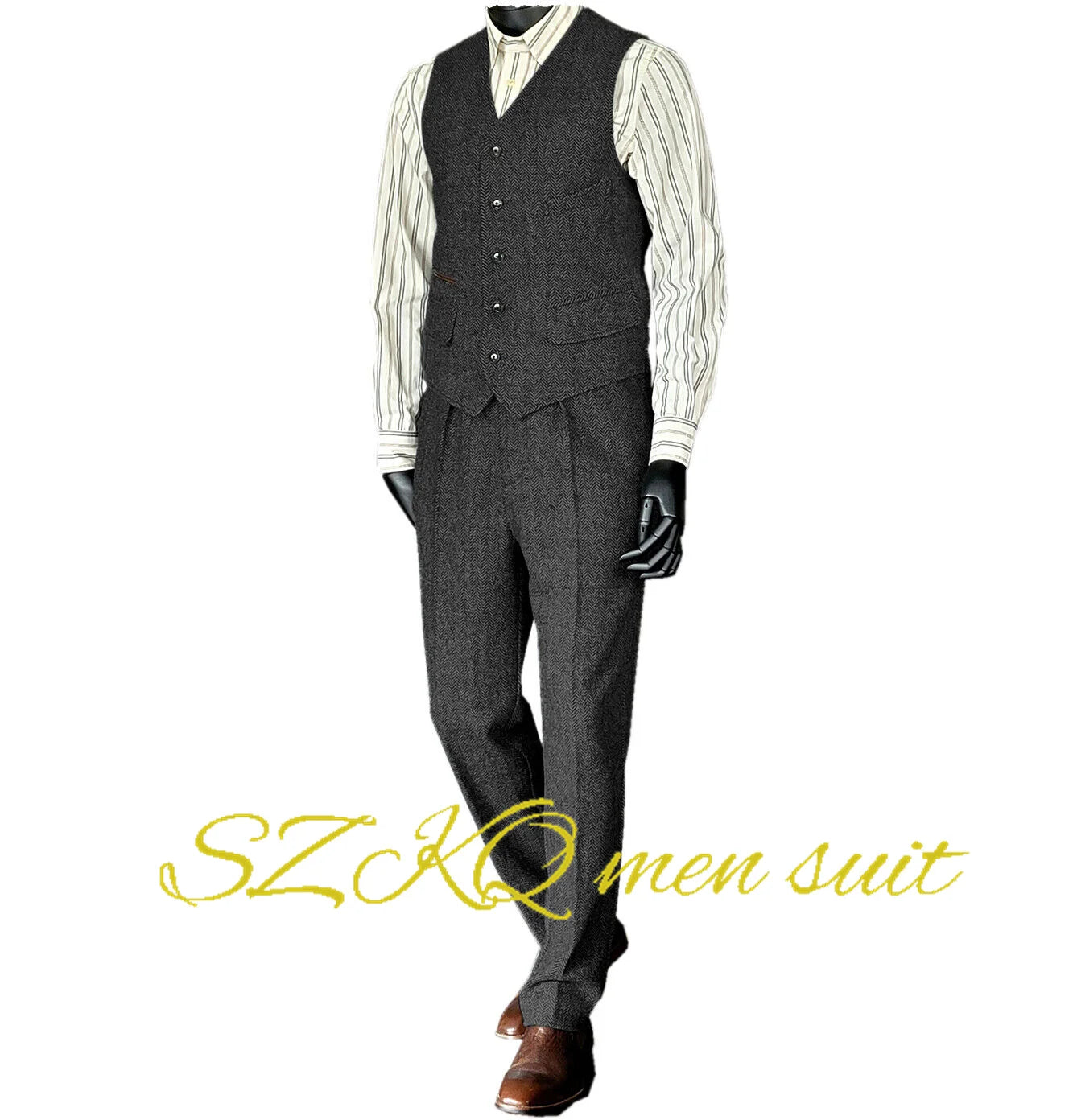 Mens Suit 2 Piece Waistcoat Vest Pants Herringbone Retro Vintage Trousers For Wedding Retro Wool Outfit