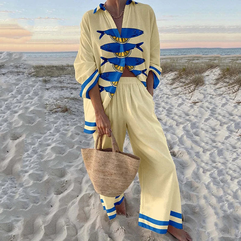 Fashion Vacation Style Print Suits for Women Fashion Versatile Lapel Long Sleeve Shirt Top and Loose Straight Pants 2 Piece Set