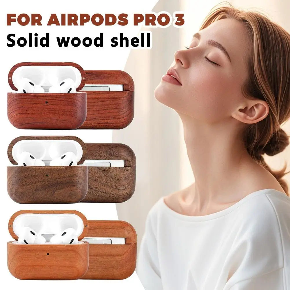 Luxury High-end Solid Wood Earphone Case For Airpods Pro 3 Cover For Airpods Pro 3 Full Protection Hard Box With Short Strap