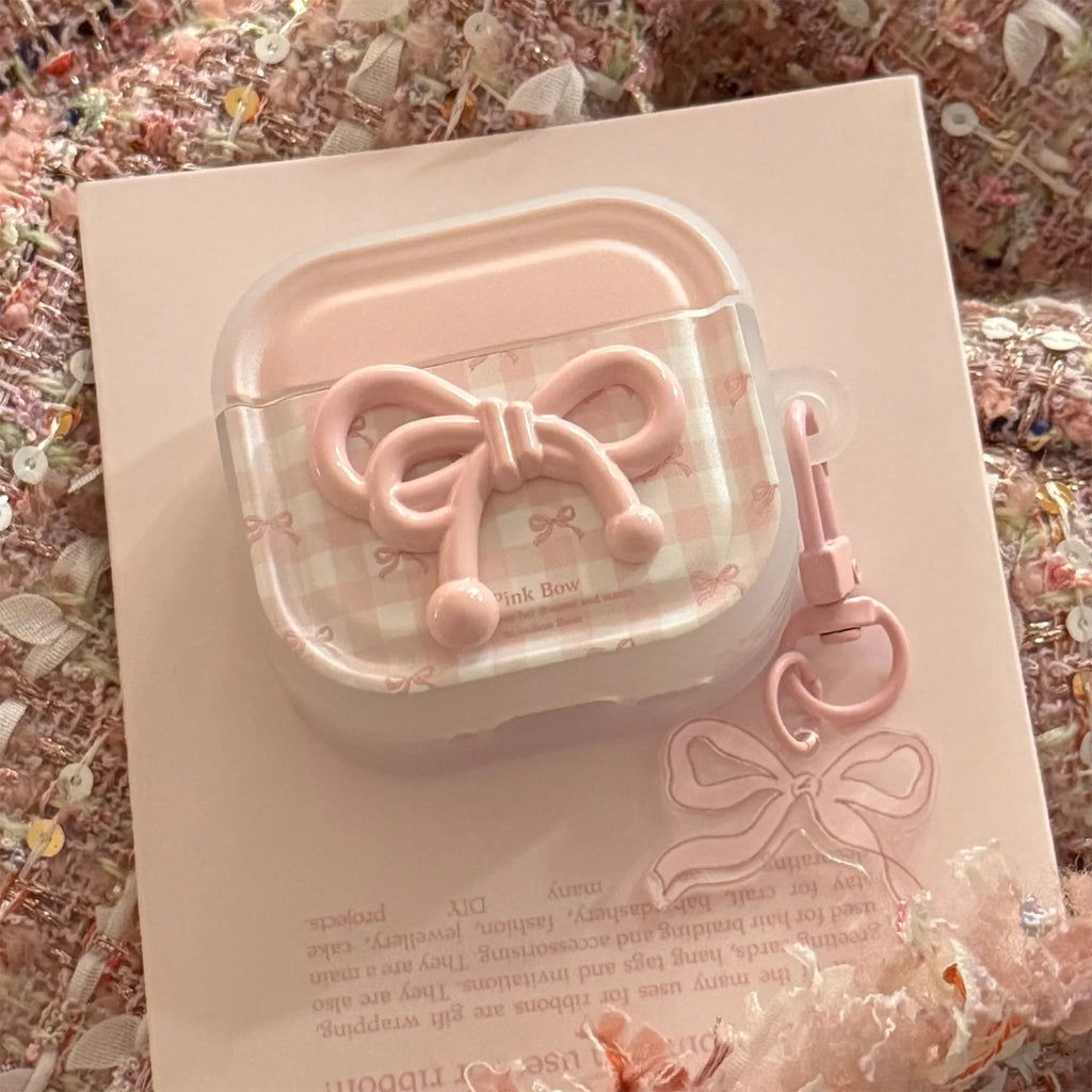 Korean Cute 3D Pink Bowknot Earphone Case for Airpods 4 2 3 1 Pro 3 2 Wireless Bluetooth Headset Protective Cover With  KeyChain
