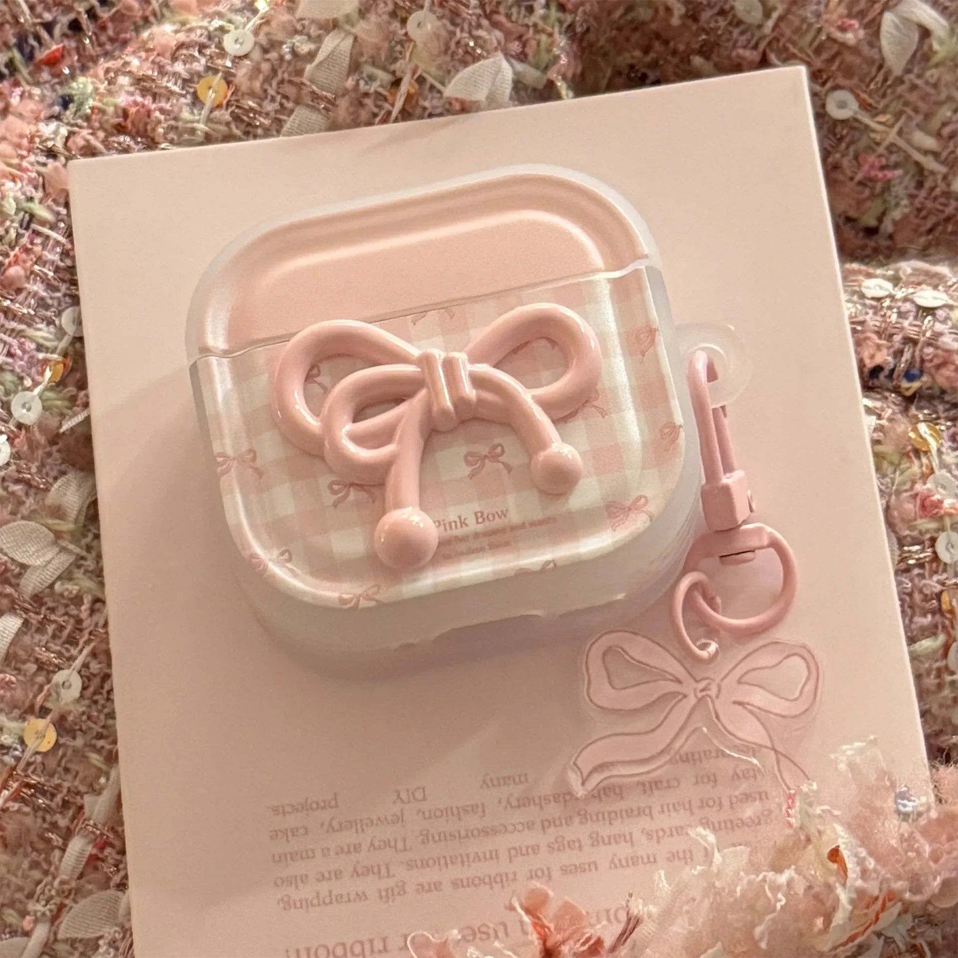 Korean Cute 3D Pink Bowknot Earphone Case for Airpods 4 2 3 1 Pro 3 2 Wireless Bluetooth Headset Protective Cover With  KeyChain