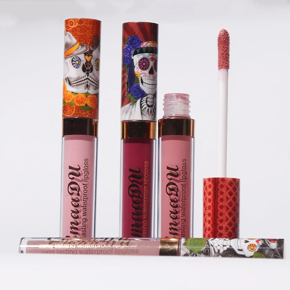 1pcs Matte Lip Gloss - Long-Lasting, Waterproof, Non-Fading, for All Skin Types - Vibrant Red Shades with Floral & Skull Designs