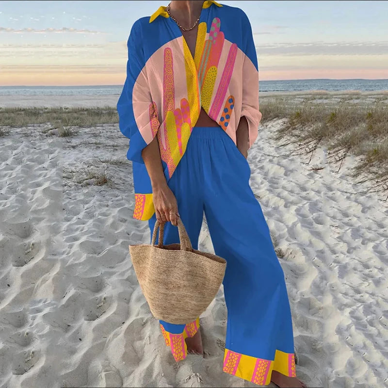 Fashion Vacation Style Print Suits for Women Fashion Versatile Lapel Long Sleeve Shirt Top and Loose Straight Pants 2 Piece Set
