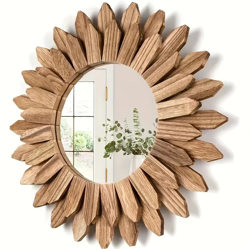 Bohemian Atmosphere Decorative Mirror - Sunflower Wooden Wall-Mounted, Round Makeup Mirror for Bedroom & Bathroom