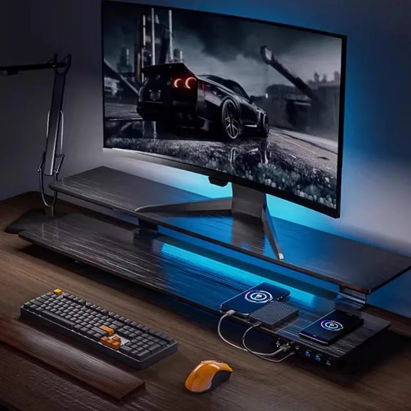 Solid Wood Gaming Desk Top with Monitor Riser Stand Charging Shelf & USB Hub Hidden Storage USB Dock for PC Gaming Setup