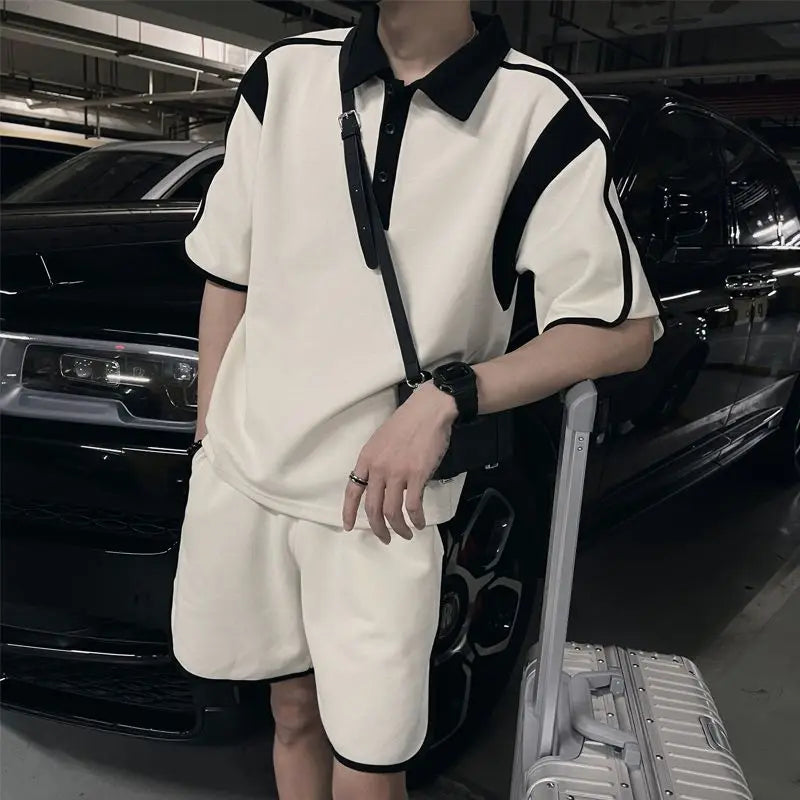 Men's High-end Outfit Suits for Summer Pairing with Handsome Polo Shirt Short-sleeved Shorts Cool Handsome Two-piece Set
