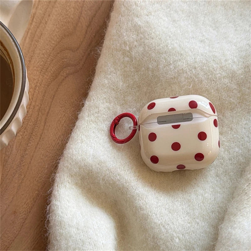 INS Korean Cute Red Polka Dot Glossy Beige Earphone Case Cover for AirPods 1 2 3 4 Pro 2 Pro 3 Shockproof Protective Case
