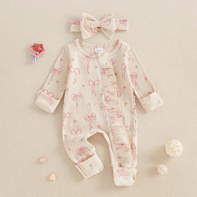 Infant Baby Girl Outfit Bow Print Long Sleeve Ruffled Zipper Front Ribbed Jumpsuit Bow Headband Newborn Clothes