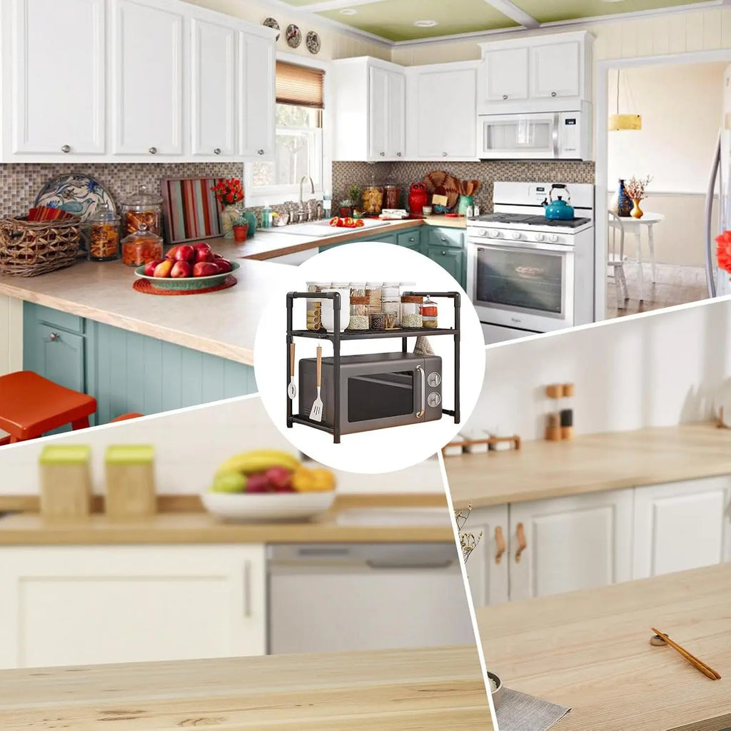 Kitchen Storage Rack Kitchen counter shelf Microwave Shelf Condiment Organizer Shelf Simple Countertop Tidying Shelves with Hook