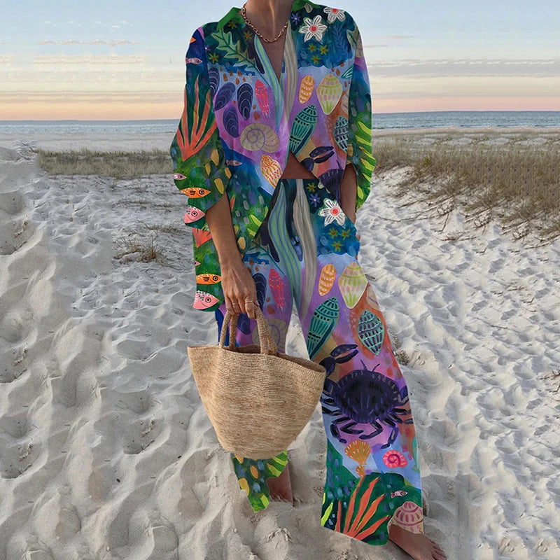 Fashion Vacation Style Print Suits for Women Fashion Versatile Lapel Long Sleeve Shirt Top and Loose Straight Pants 2 Piece Set